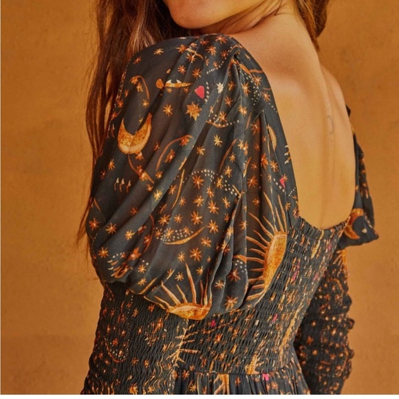 Farm Rio Leopard Sky Midi Dress w Smocked Bodice & Puffed Sleeve w MEASUREMENTS! - Picture 3 of 16